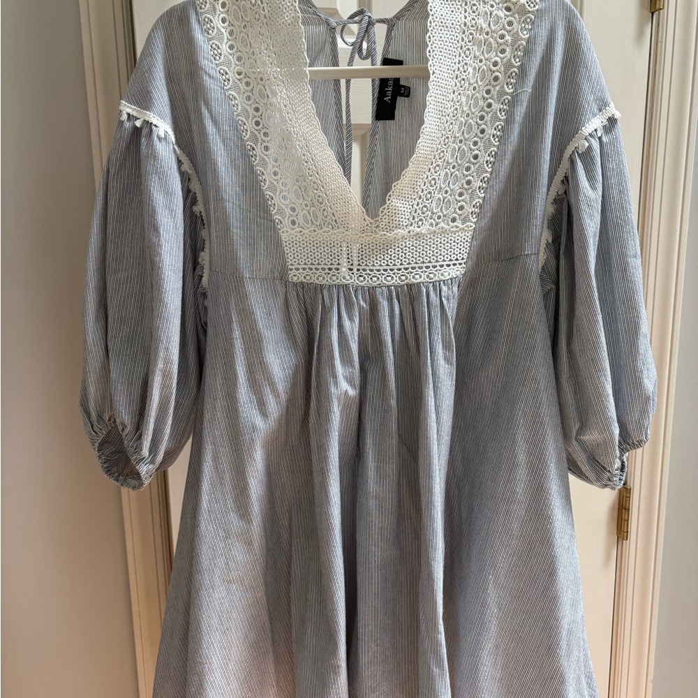 Aakaa White and Blue Striped Lace Dress